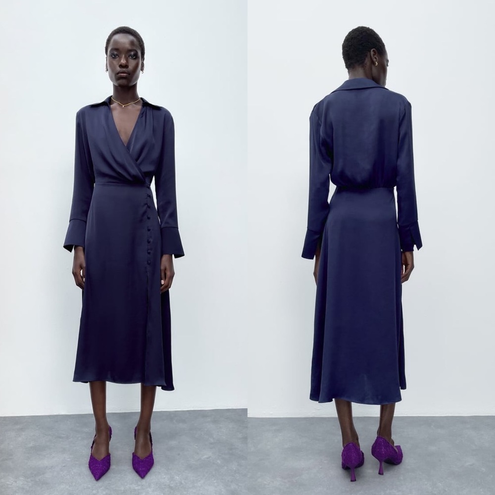 ZARA SATIN EFFECT BUTTONED DRESS DEEP BLUE